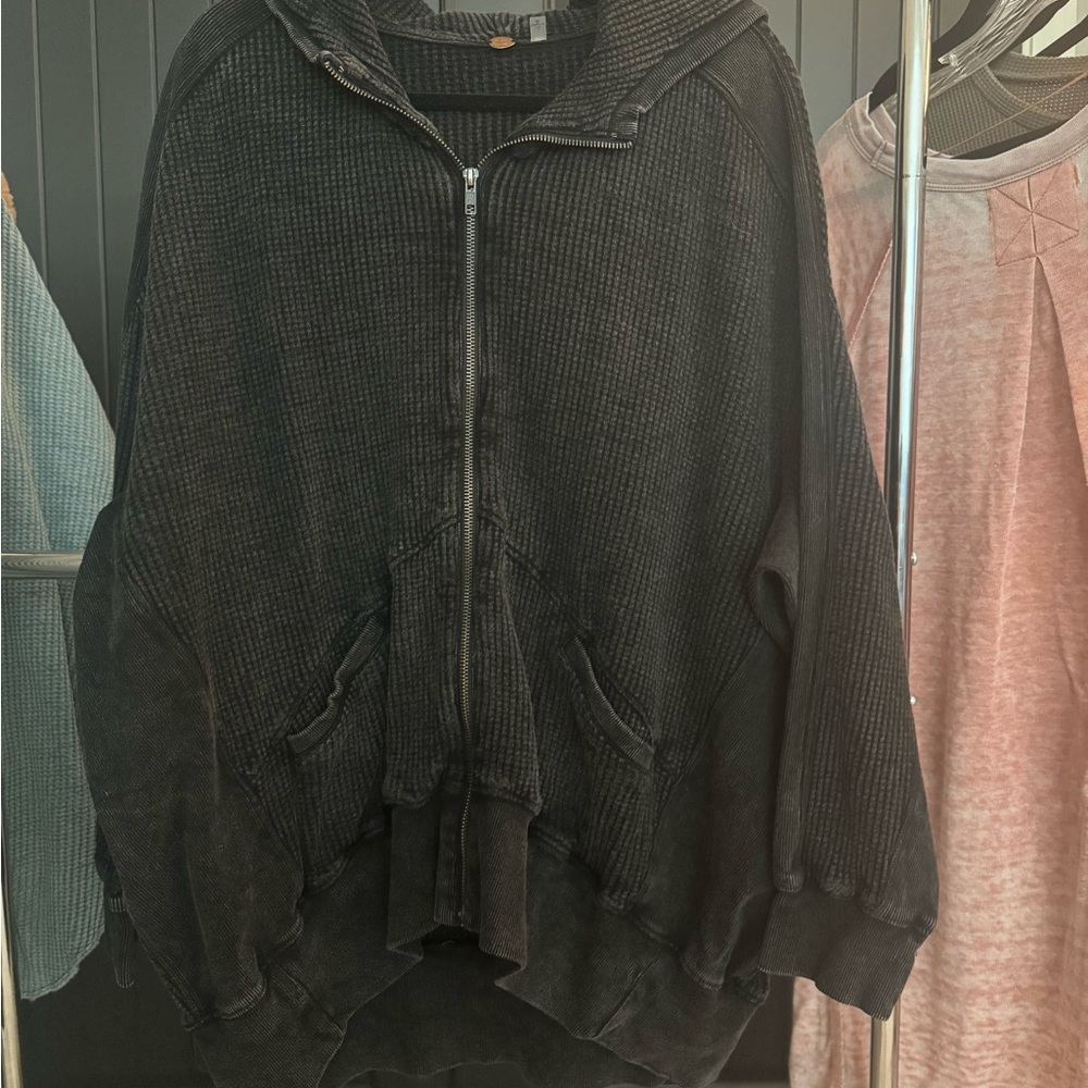 Black Hooded Waffle Zip-Up Jacket by free people